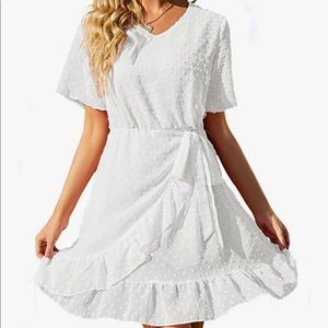 Women's Summer Jacquard Pom Crewneck RuffleMini Dress Elegant Tie Waist Short